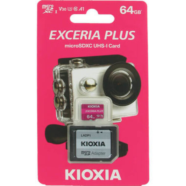 KIOXIA EXCERIA PLUS microSDXC 64GB + adaptér / Class 10 / UHS-I U3 / A1 / V30 / čtení: 100MBs / zápis: 65MBs (LMPL1M064GG2)