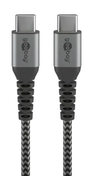 Goobay 49302 šedá/stříbrná / Textilní kabel / USB-C - USB-C / opletení / kovové konektory / 1 m (49302)