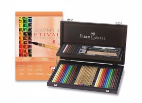 Faber-Castell Compendium 53 ks v dřevěné kazetě + blok Etival A4 Faber-Castell, Compendium, Clairefontaine, Etival, akvarelový blok, sada, výtvarné potřeby, 300 g/m2, A4, dřevěná kazeta