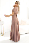 581-4 JENNIFER třpytivé dlouhé šaty s rukávy a výstřihem - MOCHA MOUSSE WITH BROKER S