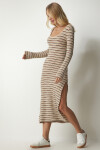 Happiness İstanbul Women's Beige Striped Slit Knitted Dress