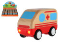 Auto ambulance dřevo 11cm na setrvačník na baterie se světlem, zvukem 12ks v boxu 18m+