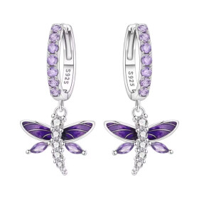 Stříbrné visací náušnice fialová vážka - stříbro 925/1000, Fialová