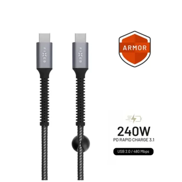 FIXED Armor Nabíjecí a datový odolný kabel s konektory USB-C/USB-C a podporou PD 1.2 m šedý / USB 2.0 / 240W (FIXDA-CC12-GR)