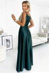 299-9 CHIARA elegantní maxi dlouhé saténové šaty bez ramínek - BOTTLE GREEN XL