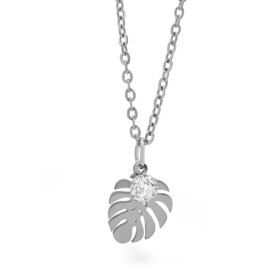 Náhrdelník se zirkonem Monstera Leaf - chirurgická ocel, Stříbrná 45 cm + 5 cm (prodloužení)