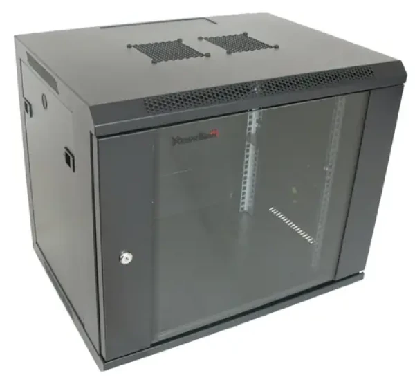 XtendLan 9U 600×450 mm černá / Nástěnný rozvaděč / jednodílný / skleněné dveře / nosnost 60 kg (WS-9U-64-BLACK-P)