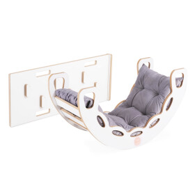 PLUSH NEST PLUSH NEST Dřevěné houpátko Mini 4v1 se stěnou na lezení a skluzavkou + polštář (sametově šedý), bílá dřevěná konstrukce