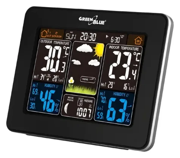 GreenBlue 46004 černá / Meteostanice / bezdrátové venkovní čidlo / DCF / fáze měsíce (GB523)