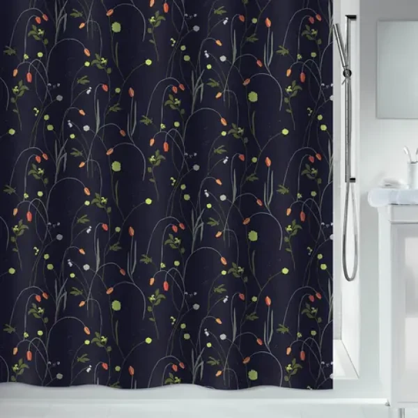 Spirella CONTRASTE Sprchový závěs motiv květin černý / 180 x 200 cm / polyester