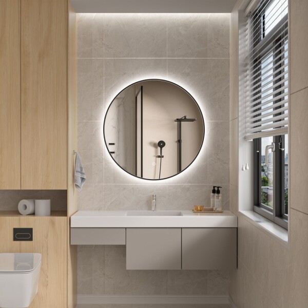 Erga Emma, kulaté LED zrcadlo 80cm, černý kovový rám, 1840 lm, 6500K, zadní osvětlení, ERG-V01-201-8080-BK