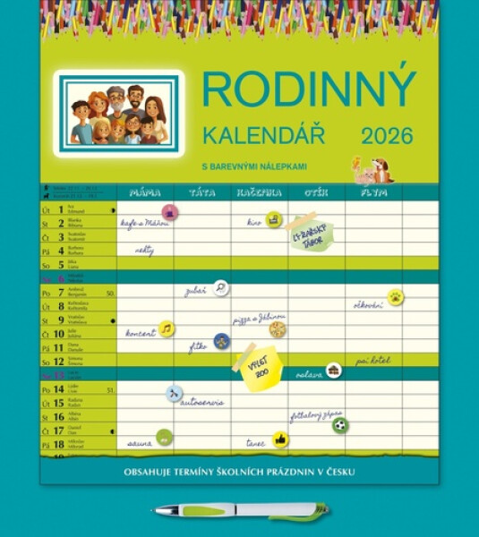 Kalendář 2026 Rodinný s perem, nástěnný, 28 x 34 cm