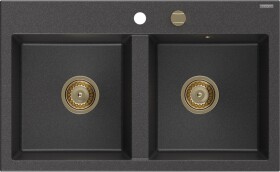 MEXEN/S - Hektor granitový dřez 2-bowl 800 x 480 mm, černá kropenatá, zlatý sifon 6521802000-76-G