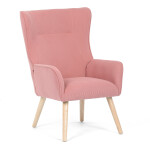 Křeslo, potah růžová manšestrová látka, dřevěné nohy, masiv kaučukovník