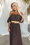 614-1 Maxi šaty v boho stylu s odhalenými rameny a páskem - CHOCOLATE UNI