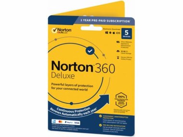 Norton 360 Deluxe - licence na předplatné (1 rok) - 5 zařízení / cloudové úložiště 50 GB - stažení - ESD (21419626)