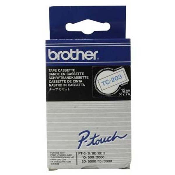 Brother TC-203, 12mm, modrý tisk/bilý podklad - originální páska laminovaná