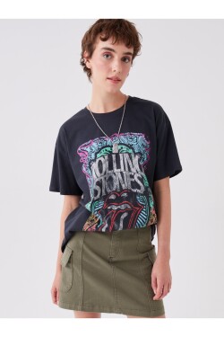 LC Waikiki Women's Crew Neck Rolling Stones Printed Short Sleeve T-Shirt