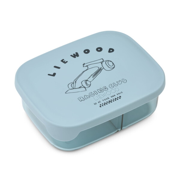 LIEWOOD Svačinový box Arthur tritan Race cars / Beach blue 850 ml, modrá barva