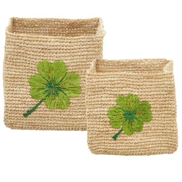 Rice Úložný košík Raffia Square Clover - set 2 ks, zelená barva, přírodní barva