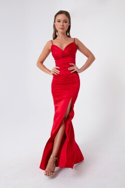 Lafaba Women's Red Satin Evening Dress Prom Dress with Straps and Slit