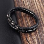 Pánský náramek Nataniel Black, chirurgická ocel, kůže, Černá 25 cm