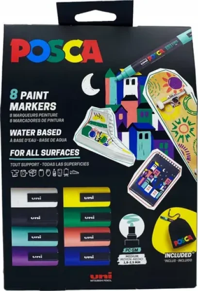 POSCA PC-5M / Sada popisovačů / 8 ks / mix barev / kuželový hrot 1,8-2,5 mm / plátěná taška (401531)