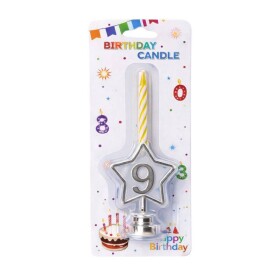 Dortisimo Svíčka žlutá s LED stříbrným podstavcem ve tvaru hvězdy číslo 9