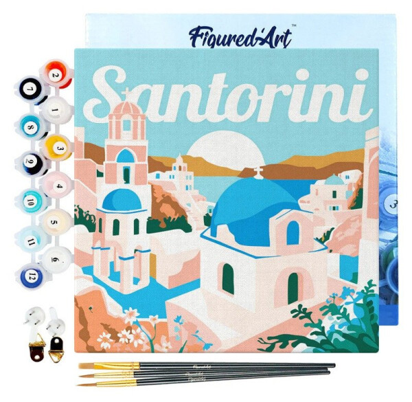 Mini malování podle čísel - Travel Poster Východ Slunce Santorini 20x20cm na rámu