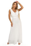 637-8 Dlouhé maxi šaty s brokátovým akcentem a hlubokým výstřihem - ecru barva UNI