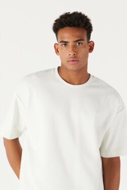 AC&Co Altınyıldız Classics Men's Ecru Oversize Wide Cut Crew Neck Short Sleeve Thick Textured Sweatshirt T-Shirt