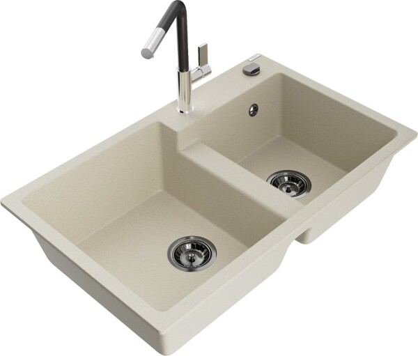 MEXEN/S - Tomas granitový dřez 2-bowl včetně baterie Flora, béžová 6516-69-670401-07-B