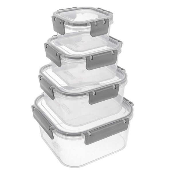 Sada 4 ks čtvercových plastových dóz s víčkem CLARA, assort