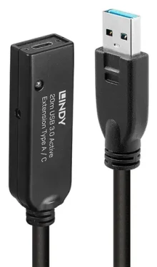 Lindy USB 3.0 aktivní prodlužka Typ A 20 m černá / Prodlužovací kabel USB / USB 3.2 Gen 1 / 5 Gbit/s (43375)