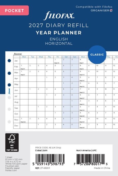 Plánovací kalendář 2027 kapesní, horizontál, anglický jazyk