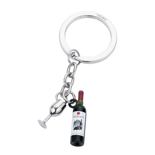 TROIKA klíčenka - láhev vína, sklenička \"Bordeaux\", kovová, mix barev