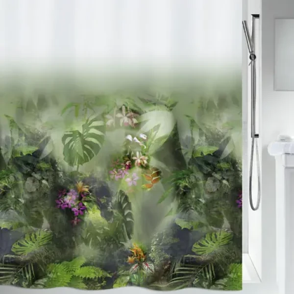 SPIRELLA Sprchový závěs JUNGLE bílo-zelený / motiv džungle / 180 x 200 cm / polyester