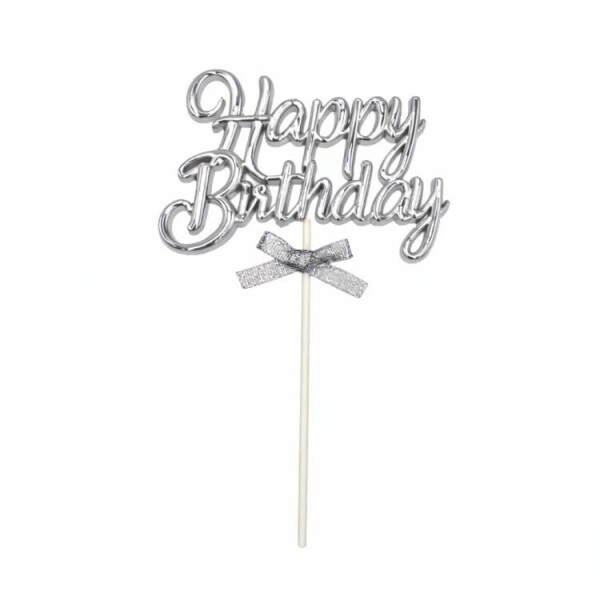 Dortisimo Zápich do dortu stříbrný Happy Birthday s mašličkou