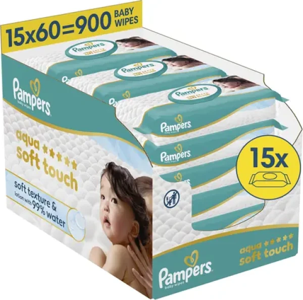 Pampers Aqua Soft Touch / Vlhčené ubrousky / 900 ks (15 × 60 ks) / Plastic Free