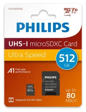 Philips microSDXC 512 GB + adaptér / Micro SD karta / Class 10 / UHS-I U1 / čtení: 80 MB/s / zápis: 30 MB/s (FM51MP45B/00)