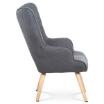 Křeslo "ušák" s podnožkou, potah šedá látka, dřevěné nohy, masiv kaučukovník