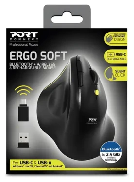 PORT CONNECT Ergo Soft COLLECTION černá / Bezdrátová ergonomická myš / Bluetooth + 2.4 GHz / 1600 DPI (910200)