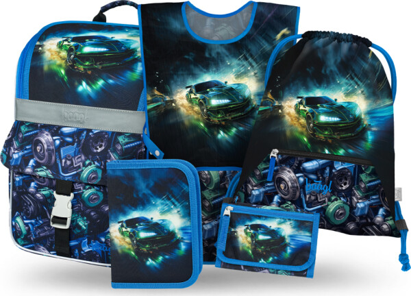 5 SET Zippy Závodní auto: aktovka, penál, sáček, zástěra, peněženka