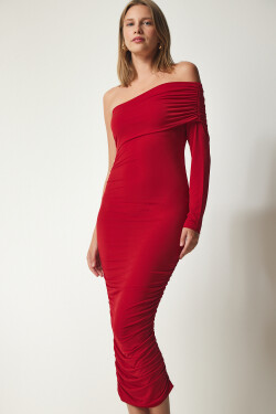 Štěstí İstanbul Dámské červené nabírané písečné šaty na jedno rameno