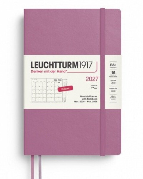 Měsíční plánovač Zápisník Dusty Rose, Paperback B6+ 2027, 16 Months, Softcover, anglicky