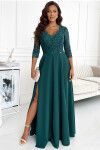 AMBER - Elegantní dlouhé dámské krajkové šaty v lahvově zelené barvě s výstřihem 309-5 M