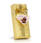 Pralinky z hořké čokolády s lískooříškovou, pomerančovou a čokoládovou náplní ve zlatém obalu 70g