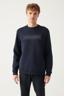 Avva Men's Navy Blue Crew Neck Thread Fleece Inside Printed Standard Fit Regular Cut Sweatshirt