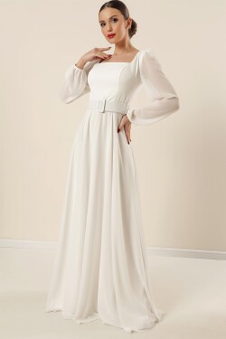 By Saygı Lined Chiffon Long Evening Dress with Square Neck Waist and Belted Belt.
