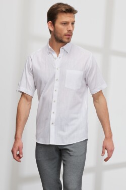AC&Co Altınyıldız Classics Men's White Comfort Fit Relaxed Cut Buttoned Collar Linen Look 100% Cotton Short Sleeve Shirt